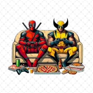May include: Deadpool and Wolverine are sitting on a sofa playing video games. They are both holding controllers and have pizza and fizzy drinks in front of them.