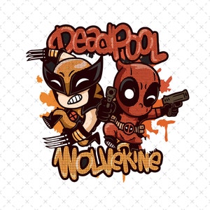 Puede incluir: Una ilustración de dibujos animados de Deadpool y Wolverine en un estilo de cómic. Deadpool sostiene una pistola y Wolverine sostiene sus garras. El texto "Deadpool Wolverine" está escrito en un estilo de graffiti.