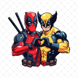 May include: Deadpool and Wolverine, two popular comic book characters, are shown in a close-up image. Deadpool is wearing his signature red and black suit, while Wolverine is wearing his yellow and blue costume. Both characters are making a heart shape with their hands.