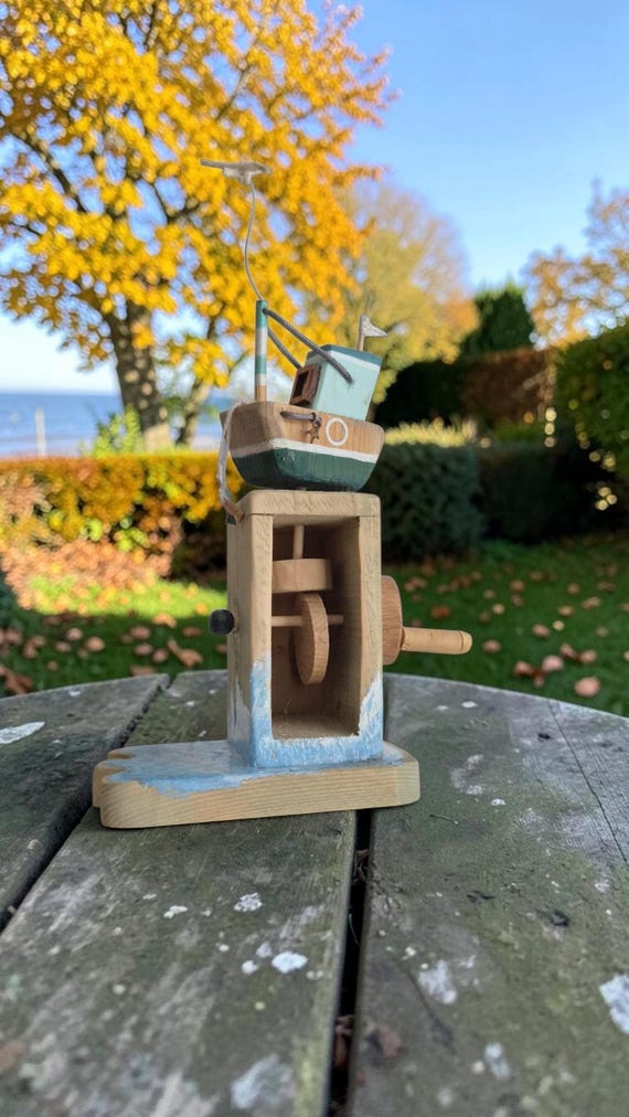 Handmade Automata Wooden Kinetic Life Boat Sculpture, Decorative  Ornament, Moving Coastal Art Reclaimed Wood Original D
