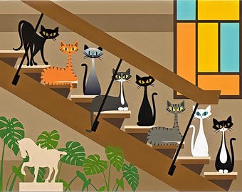 May include: A colourful illustration featuring stylized cats on a staircase. The cats, in black, orange, and grey, have distinct designs. A white horse statue and green plants are in the foreground. A stained-glass window is in the background.