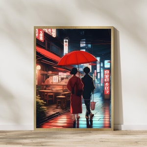 Japanese couple poster, colorful Japanese wall decoration, Japanese art print, Asian art gift, red umbrella poster