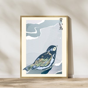 Blue bird poster | Japanese Art Print | Gift idea | Wall art Japan | Minimalist wall decoration | birds poster