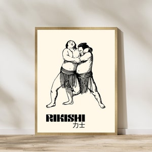 Könnte beinhalten: Ein gerahmter Druck mit einer Schwarz-Weiß-Illustration von zwei Sumo-Ringern in einer Kampfszene. Das Wort "RIKISHi" ist in fetten, schwarzen Großbuchstaben unter den Ringern abgebildet, darunter japanische Schriftzeichen.