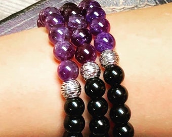 Amethyst Bracelet Unisex Perfect For A Man or Woman Black Onyx Beaded Jewelry Stackable Handmade Bead Purple Amethsyt Gemstone February