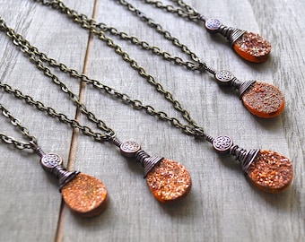 Gold Druzy Quartz Necklace  Bronze Wire Wrapped Bronze Celtic Bead Pendant Sparkling Drusy Teardrop Shaped