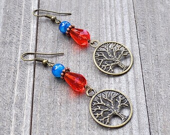 Tree Of Life Earrings, Tree Of Life Bronze Charm Earrings Nature Jewelry, Circle Eternity Red Crystal Blue Dragon Vein Agate Gemstone Beads