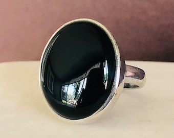 Black Onyx Sterling Silver Raven’s Eye Large Statement Ring Cabochon Cut Gothic Style Handmade OOAK Goth Jewelry Artisan Design Modern Glam