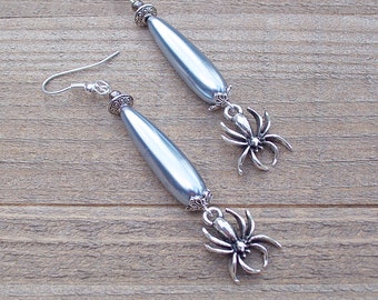 Silver Spider Earrings Long Grey Pearl Bead Teardrops Sterling Silver Ear Wires Gothic Halloween