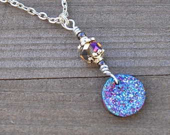 Purple Druzy Necklace Wire Wrapped With Magic Purple Faceted Crystal Bead Pendant Sparkling Drusy