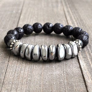 Magnetic Hematite & Lava Rock Beaded Bracelet Unisex Perfect For A Man or Woman image 1