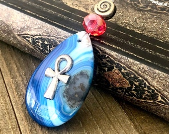 Silver Anhk Blue Onyx Gemstone Pendant With Faceted Red Crystal Natural & Spiral  Beads Egyptian Style Necklace Silver Chain Handmade Wire