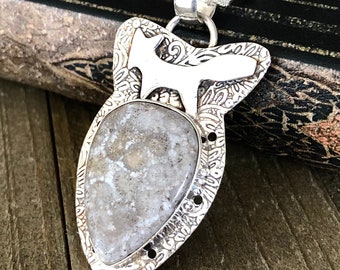 Sterling Silver Large Fox Pendant With Pear Shaped Bezel Set Fossilized Coral Stone Artisan OOAK Jewelry by Rayvenwoodmanor UNISEX Design