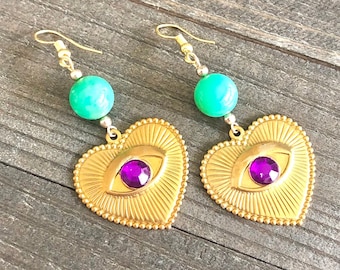 Large Heart Evil Eye Brass Earrings Embossed Design Lightweight Style Vintage Green Beads Gemstone Beads Protection Jewelry Boho Long Style