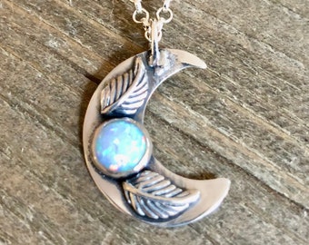 Sterling Silver Crescent Moon With Natural Opal Gemstone & Leaf Motif Design Celestial Jewelry Artisan Handmade Necklace OOAK Witchy Vibes