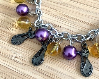Halloween Black Cat Charm Bracelet Lucky Metal Cat Charms Purple & Gold Vintage Beads Loaded Charm Kitty Fashion Gothic Wear Witch Attire