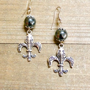 Fleur De Lis Earrings - Fleur De Lis Jewelry - Silver Fleur de lis - New Orleans Fleur De Lis Earrings Hematite French NOLA Mardi Gras Style