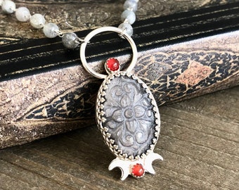 Sterling Silver Carved Flower Pendant Silver Sheen Obsidian Moon Design Art Deco Carnelian Stones Floral Motif Labradorite Rosary Bead Chain