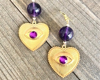 Large Heart Evil Eye Brass Earrings Embossed Design Lightweight Style Purple Amethyst Gemstone Beads Protection Jewelry Boho Long Style OOAK