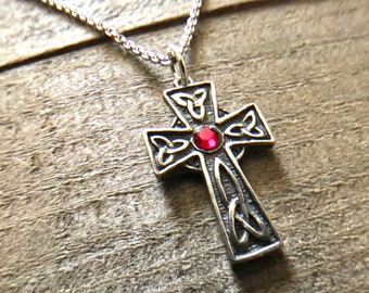 Sterling Silver Celtic Cross Pendant Ruby Red Garnet Triscle Pattern Medium Size Necklace Celt Irish Design Religious Artisan OOAK Jewelry