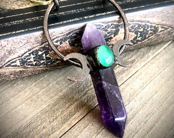 Purple Amethyst Gemstone Point Pendant with Oval Green Quartz Cabochon and Crescent Moon Goddess Symbol Copper and Bronze Bohemian Style