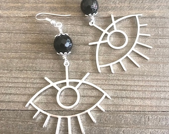 Large Evil Eye Silver Earrings Black Onyx Faceted Gemstone Beads Protection Jewelry Boho Hippie Plus Size Earrings Eye of Horus Symbol