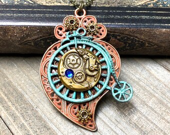 Steampunk Bicycle Necklace Pendant Victorian Steam Punk Jewelry Mixed Metals Green Bike Charm Vintage Style Victorian Pendant Bohemian Boho