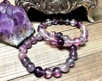 Fluorite Beaded Bracelet 10mm Beads Stackable, Purple, Green, Round, High Quality Natural Fluorite Gemstone Beads Unisex Top Quality Stones