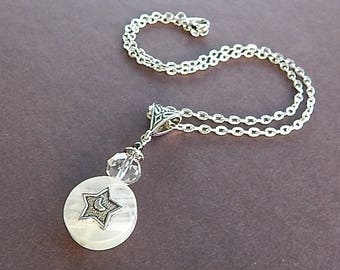 Star Child White Jade Moon Necklace With Silver Star  & Embossed Crescent Moon Pendant