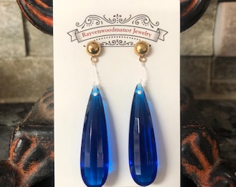 Blue Teardrop Earrings Briolette Cut Gold Filled Post Style Regulus Corneas Anime Character Jewelry Cosplay Costume Convention Con Vendor