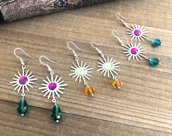 Atomic Star Flower Earrings Large Silver with Colorful Crystals Lightweight Drop Vintage Sixties Style Retro North Star Jewelry