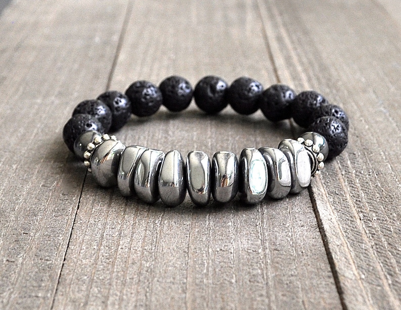 Magnetic Hematite & Lava Rock Beaded Bracelet Unisex Perfect For A Man or Woman image 1