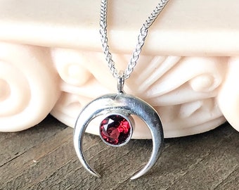 Sterling Silver Crescent Moon & Red Garnet Gemstone Goddess Charm Artisan Jewelry Celestial Necklace Minimalist Galaxy January Birthstone
