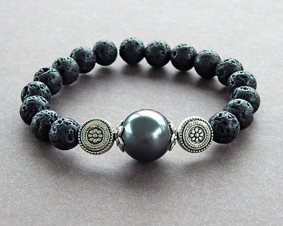 Edgy Rockstar Black Pearl Lava Rock Bracelet Unisex Perfect For A Man or  Woman