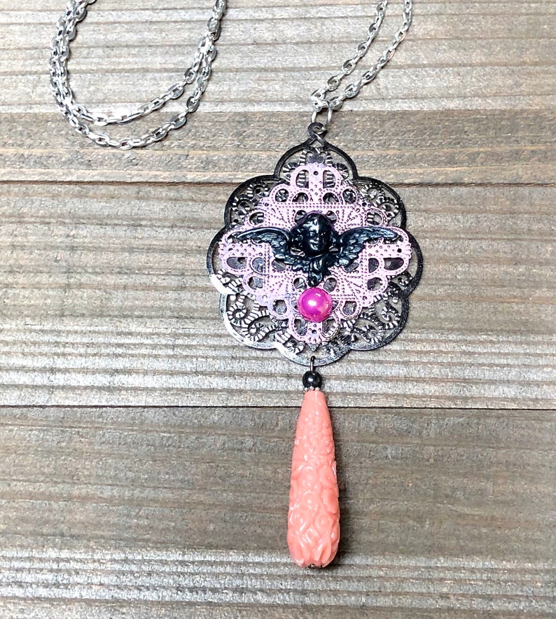 Steampunk Cherub Necklace Pendant Victorian Steam Punk Jewelry Pink Black Angel Charm Artisan OOAK Victorian Pendant Boho Memento Mori