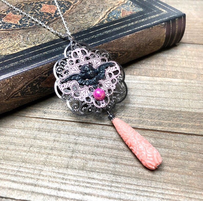 Steampunk Cherub Necklace Pendant Victorian Steam Punk Jewelry Pink Black Angel Charm Artisan OOAK Victorian Pendant Boho Memento Mori