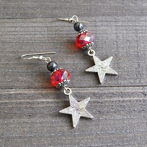 Silver Star Earrings Lucky Star Charms with Red Faceted Crystals Hematite and Sterling Silver Earwires