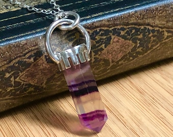 Sterling Silver Purple Fluorite Crystal Point Pendant Handmade Top Quality Protection Jewelry Healing Stone OOAK Artisan Come With Chain