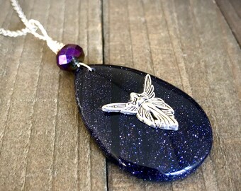 Large Blue Goldstone Pear Shaped Pendant with Art Nouveau Fairy and Purple Crystal Wire Wrapped Handmade Cottage Core Mystical Necklace