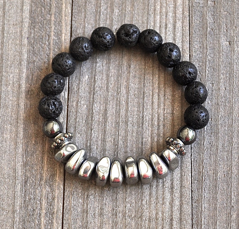 Magnetic Hematite & Lava Rock Beaded Bracelet Unisex Perfect For A Man or Woman image 3