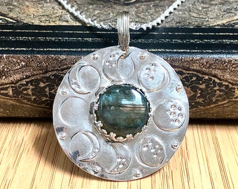 Moon Cycles Large Sterling Silver & Labradorite Medallion Pendant Phases of Moon Necklace Celestial Jewelry Handmade OOAK