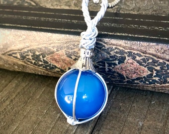 Fortune Teller Large Blue Chalcedony Sphere Gemstone Pendant Gazing Ball Globe Necklace