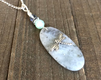 Silver Dragonfly Labradorite Gemstone Pendant Wire Wrapped With Vintage Crystal Accent Beads