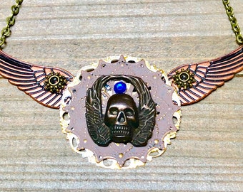 Steampunk Skull Necklace Pendant Victorian Wing Steam Punk Jewelry Black Skull Charm Artisan OOAK Victorian Pendant Boho Copper Angel Wings