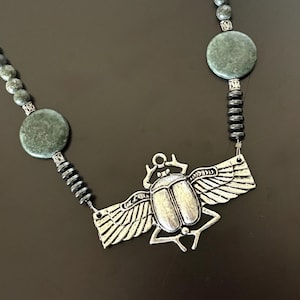 Egyptian Scarab Necklace, Egyptian Revival Jewelry, Silver Winged Scarab, Scarab Pendant, Egyptian Motif, Mens Necklace Green Gemstone Beads