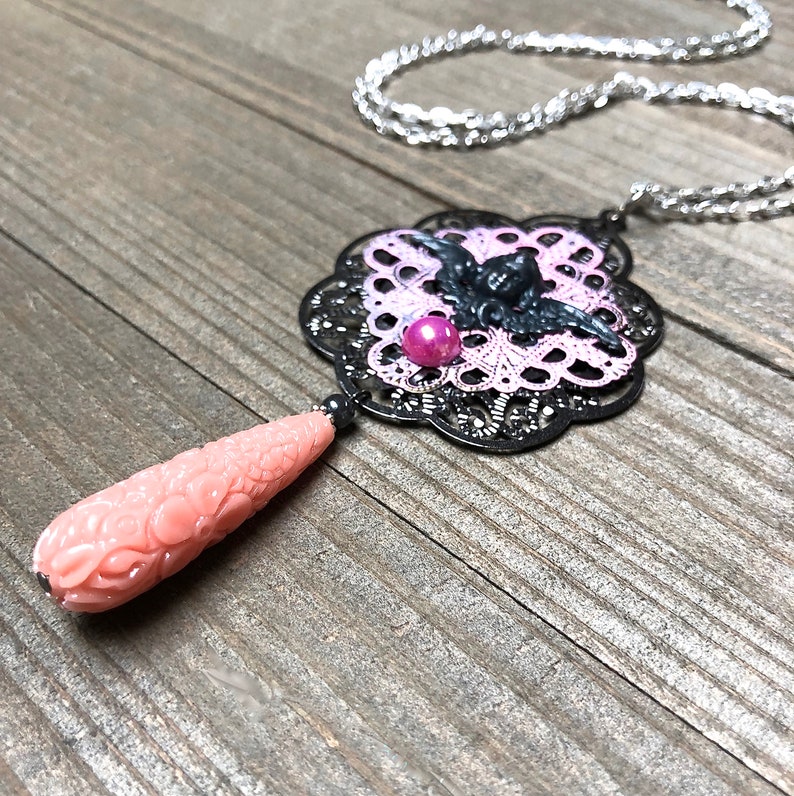 Steampunk Cherub Necklace Pendant Victorian Steam Punk Jewelry Pink Black Angel Charm Artisan OOAK Victorian Pendant Boho Memento Mori