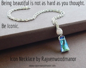 Icon Necklace Lush Rose Quartz Gemstone & Swarovski Brand Erdal Blue Trapezoid Crystal