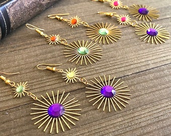 Atomic Star Flower Earrings Large Brass with Colorful Crystals Lightweight Drop Vintage Sixties Style Retro North Star Jewelry