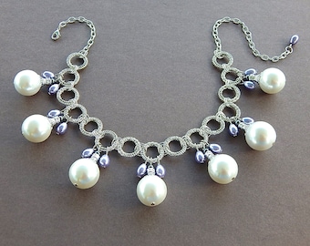 Large Swarovski Pearl Handmade Ornate Silver Design Necklace Big Bling Celebrity Style