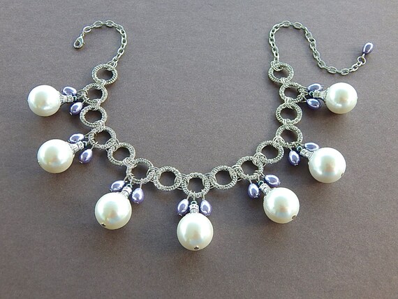 Large Swarovski Pearl Handmade Ornate Silver Design Necklace Big
